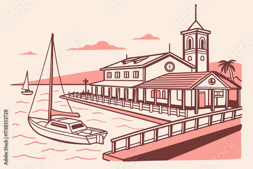 Flat vector of Lahaina historic harbor minimal flat art style
