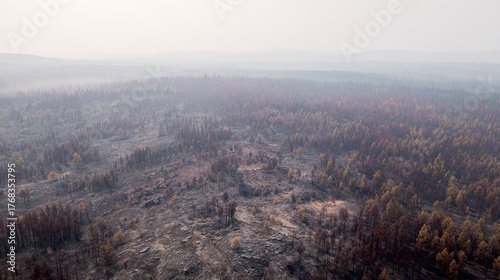 devastation. Aerial view of a charred forest landscape, hazy atmosphere and deep perspective. ESG reports, sustainability campaigns, designed for environmental awareness campaigns.