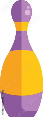 Single purple and yellow bowling pin standing up straight on a white background