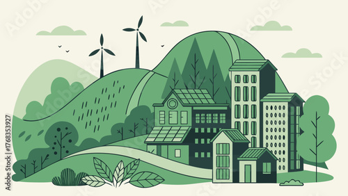 A cartoon illustration of a green city with windmills hills and buildings in a sustainable environment view