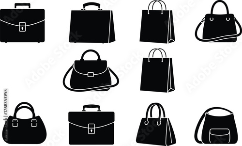 Black Silhouette Vector Icons of Handbags and Briefcases, Fashion Accessories for Women and Men in Professional and Casual Styles