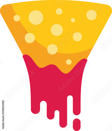 Cartoon tortilla chip dipping in red sauce, isolated on a white background