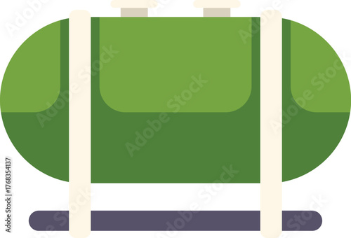 Green septic tank standing on metal platform, wastewater treatment and storage system