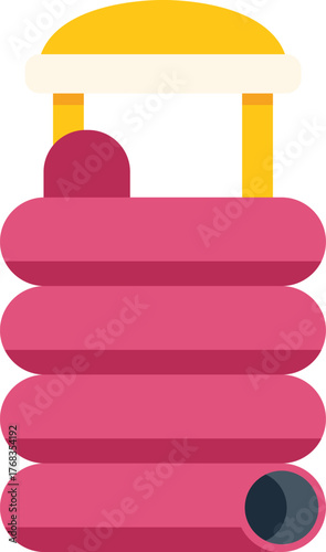 Pink inflatable bouncy castle slide standing tall with a yellow roof, ready for children to enjoy hours of outdoor playtime fun