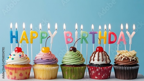 Colorful happy birthday cupcakes. Vanilla-frosted cupcake featuring colorful sprinkles