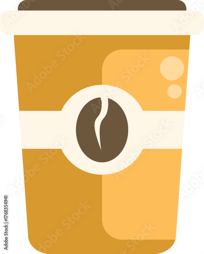 Simple illustration of a disposable coffee cup, featuring a coffee bean logo and steam rising from the top
