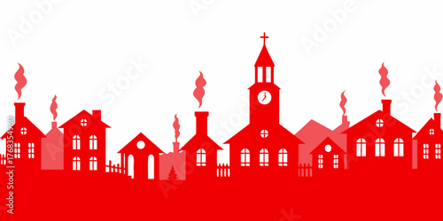Red silhouette of a charming village with a church and smoking chimneys on a white background