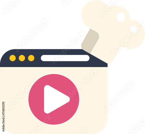 Online cooking course website with chef hat coming out from screen play button, culinary online education concept