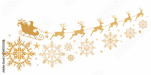 Golden silhouette of santa claus in a sleigh pulled by reindeer with decorative snowflakes and stars on a white background