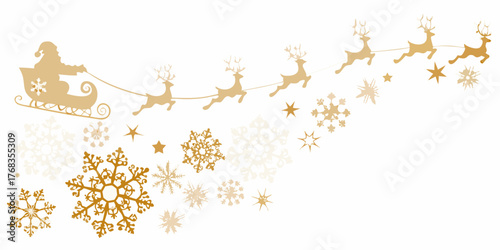 Golden santa claus in sleigh pulled by reindeer with snowflakes and stars