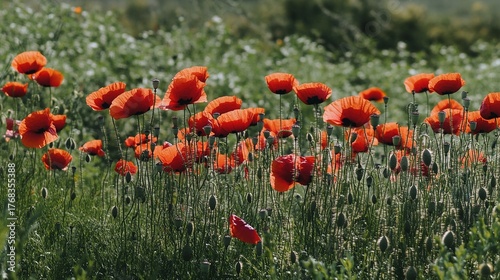 sedative. Field of poppy flowers swaying in gentle breeze, botanical tranquility scene. gardening catalogs, home-decor guides, designed for home decor and floral branding.