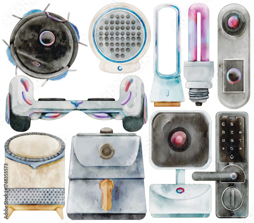 Watercolor Gadget Clip Art Set Technology Smart Home Device Robot Vacuum Hoverboard Security Camera Smart Lock Lightbulb Fan Speaker Illustration Modern Electronic