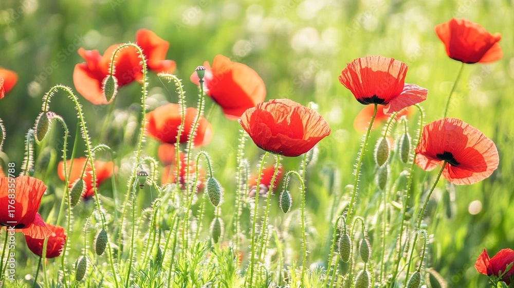 Fototapeta premium sedative. Field of poppy flowers swaying in gentle breeze, botanical tranquility scene. gardening catalogs, home-decor guides, designed for home decor and floral branding.