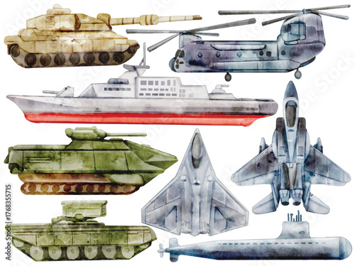 Watercolor Military Vehicle Clip Art Set War Transport Tank Helicopter Submarine Warship Fighter Jet Stealth Bomber Illustration Army Navy Air Force