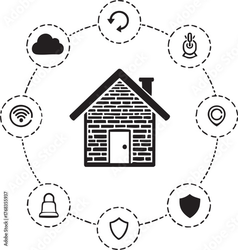 WeSmart home network icon—black-and-white vector illustration of connected house and automation features for digital lifestyle themesb