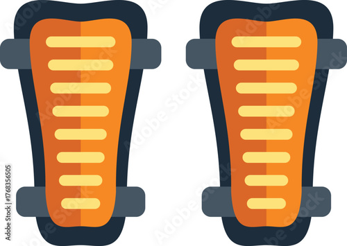 This vector illustration features a pair of orange shin guards, essential equipment for soccer players to protect their legs from impact during a game