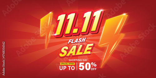 11.11 Flash Sale Banner with Lightning Bolts and Bold Discount Text