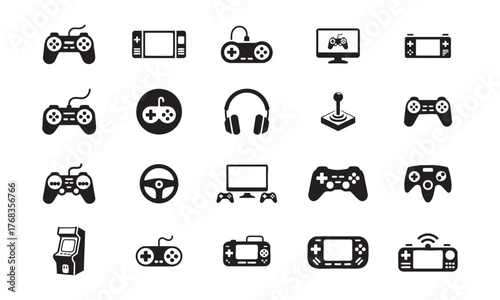 Gaming Devices and Accessories Icons – Controllers, Joysticks, Arcade Machine Vector Set