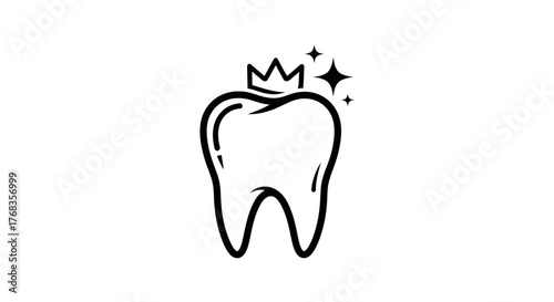 Black and white shiny tooth with a crown and stars flat illustration