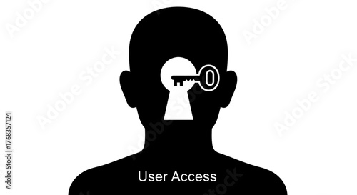 Conceptual vector art illustrating secure user access, identity authentication, and data protection through a key unlocking a human mind