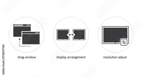 A set of minimal vector icons illustrating computer display management functions window dragging, multi-screen arrangement, and resolution adjustment for user interface design
