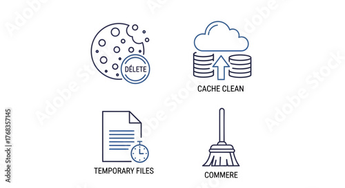 A collection of essential vector icons representing digital system cleanup, data optimization, temporary file removal, and internet privacy management, suitable for modern technological solutions