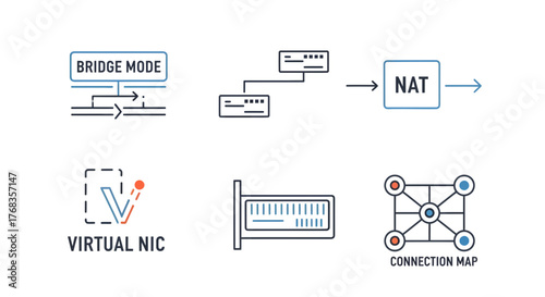 A comprehensive set of minimal vector line icons illustrating essential networking configurations, virtual infrastructure components, and data connection mapping concepts