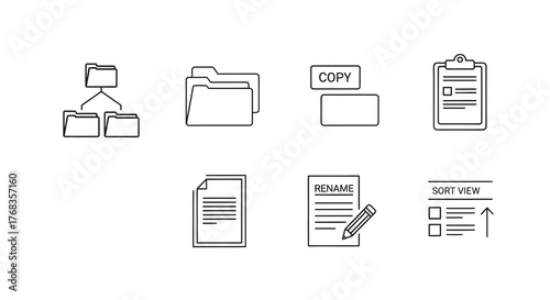 A collection of simple vector line icons illustrating common file and folder management actions such as copying, renaming, sorting, and organizing documents within a system