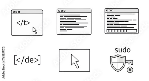 A set of minimal line icons for software development, web programming, system administration, and security, suitable for modern user interfaces and technology designs