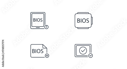 Vector line icons illustrating computer BIOS functionality, including firmware configuration, system updates, and hardware management for digital technology applications