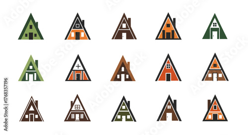 Collection of minimalist A-frame house vector icons, showcasing geometric designs in various colors, perfect for architectural branding, outdoor lifestyle, and vacation rental projects