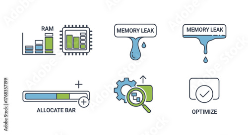 A versatile set of minimal vector line icons depicting computer system performance, memory management, resource allocation, and software optimization for digital efficiency