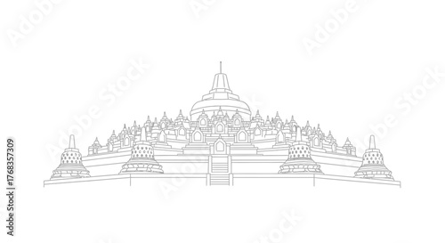 Detailed line art illustration of an ancient Southeast Asian Buddhist temple, showcasing intricate architectural design and historical significance on a clean white background