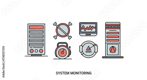 A versatile collection of minimalist vector icons representing system monitoring, data management, and server infrastructure, ideal for technology dashboards and digital services