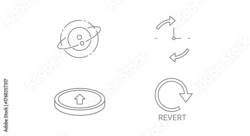 Streamlined collection of minimal line vector icons illustrating system restoration, data recovery, backup processes, and reversion actions for digital interfaces
