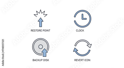 A collection of minimalist vector line icons for data management, system operations, and time tracking, perfect for modern user interfaces and software development projects