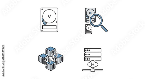 Minimal vector icon set for virtualization and cloud computing, featuring symbols for virtual disks, data snapshots, server clusters, and hypervisor infrastructure