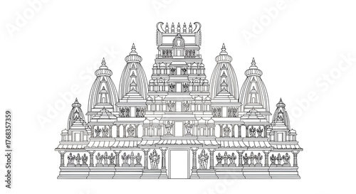 Intricate black and white vector illustration depicting a traditional temple, showcasing elaborate architectural details and significant cultural heritage in a visually striking line art style
