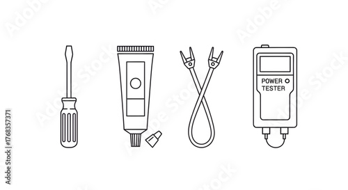 A set of minimal vector icons of electronics and computer maintenance tools – screwdriver, thermal paste, test leads, diagnostic meter