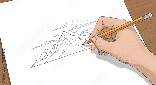 Hand drawing a majestic mountain landscape with clouds and sun on a white sheet of paper using a graphite pencil, illustrating the artistic process of creating scenic nature views