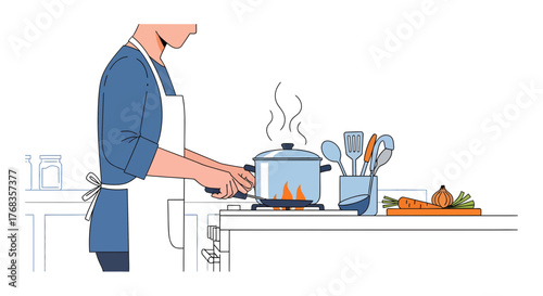 Clean and Modern Kitchen Scene Person Diligently Preparing a Healthy Homemade Meal, Stirring a Steaming Pot on the Stove with Fresh Vegetables and Essential Cooking Tools, Including a Whisk, Nearby