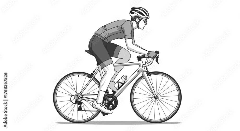 Naklejka premium Dynamic monochrome illustration of a determined cyclist on a road bike, showcasing athletic performance and outdoor sport, perfect for fitness and activity-related content