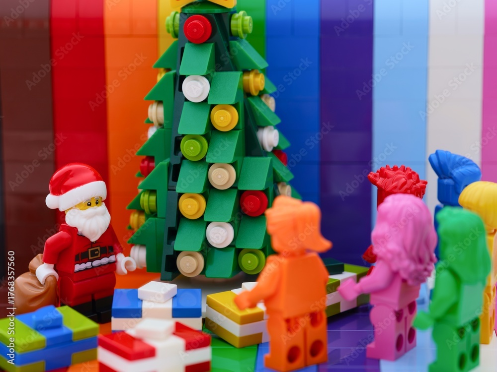 Fototapeta premium Tambov, Russian Federation - October 19, 2025 Lego Santa Claus with bag standing near Christmas tree with gifts in front of rainbow monochrome minifigures