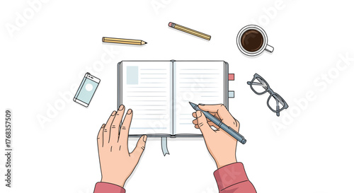 Creative workspace flat lay with hands writing in a journal, surrounded by a smartphone, coffee, and pencils, illustrating productivity, planning, and idea generation