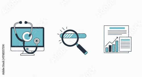 Vector icon collection for digital health, data analysis, and business insights. Minimalistic design elements perfect for technology, medical diagnostics, and financial reporting graphics