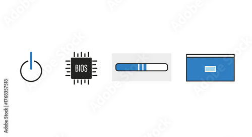 Minimal vector icons illustrating fundamental computer system operations, including power, BIOS boot process, and loading progress indicators