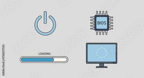 A set of minimal vector icons illustrating essential computer system operations, including power control, firmware initialization, and data processing progress indicators
