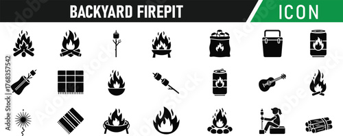 Backyard firepit outdoor features glyph icon set. Including Firepit, Bench, Chair, Logs, Flame, Marshmallow, Grill, Spark, Stone Ring, Firewood. Vector silhouette illustration