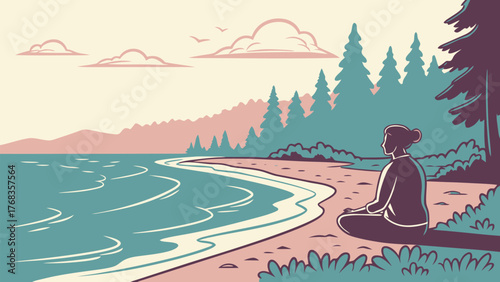 A person meditating by the sea with trees and clouds in the background creating a serene atmosphere art