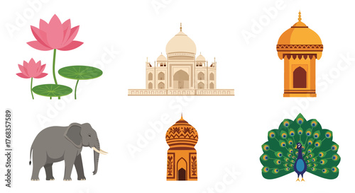 Iconic Indian Cultural Symbols Vector Collection Taj Mahal, majestic elephant, lotus flowers, vibrant peacock, and traditional architecture, rendered in a minimalist flat design